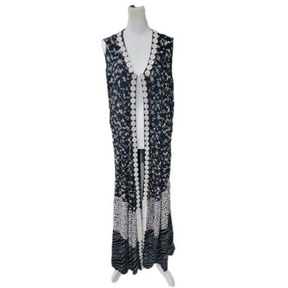 Lola P Floral Daisy Kimono Women's Small‎ Maxi Length Sleeveless Boho Hippie